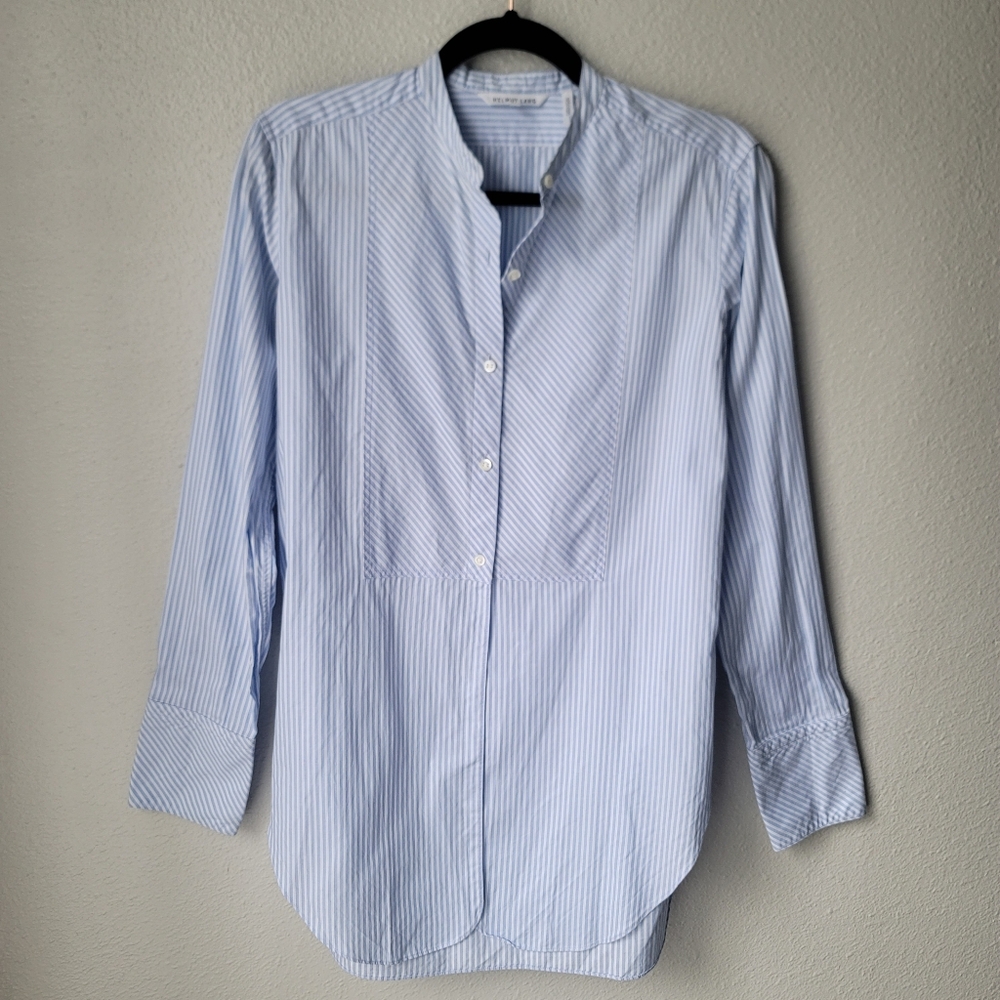 Helmut Lang Tuxedo Collarless Striped Poplin Top Size Small In Blue/White